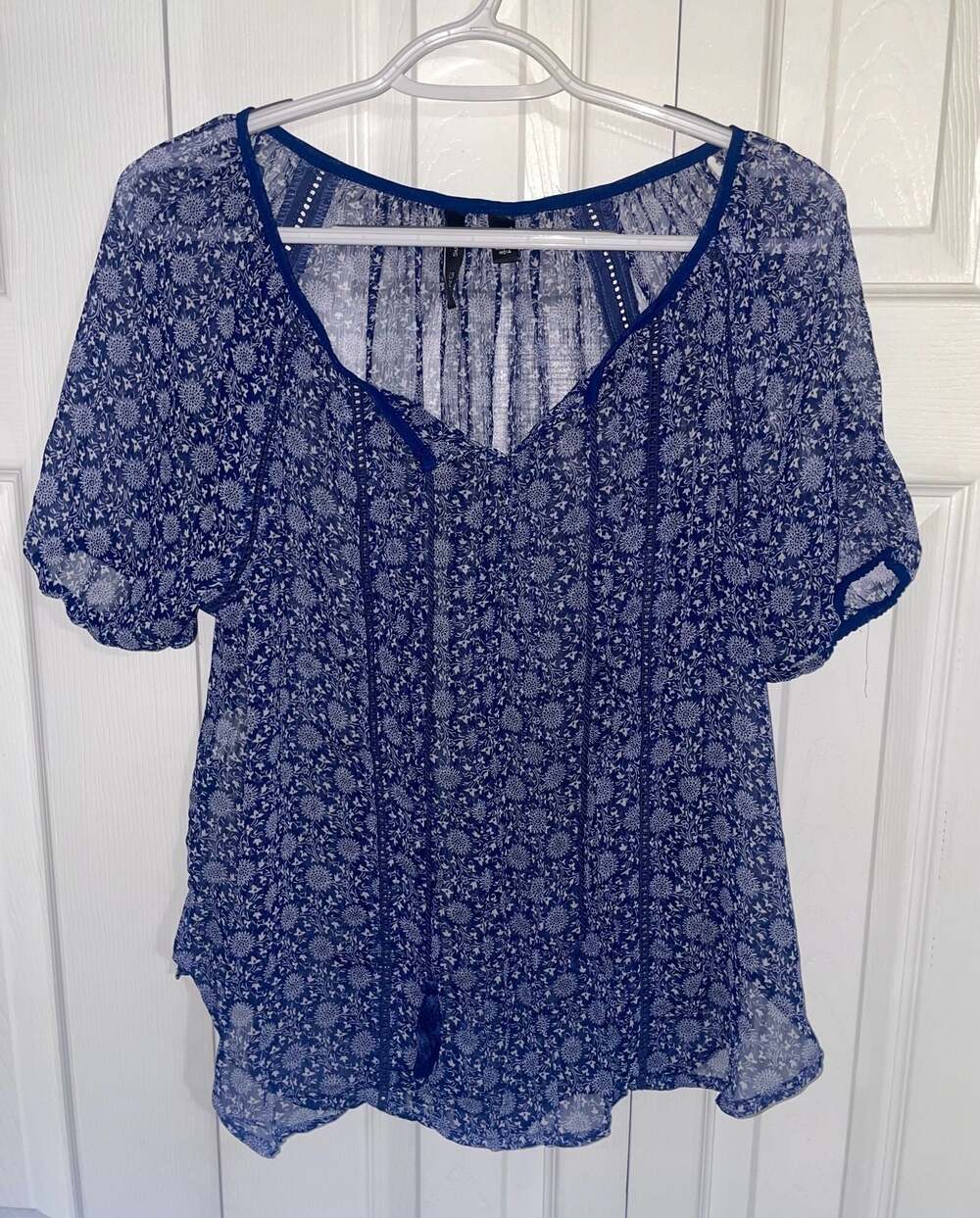 Navy Blue Floral Bohemian Tunic Top with Tassels